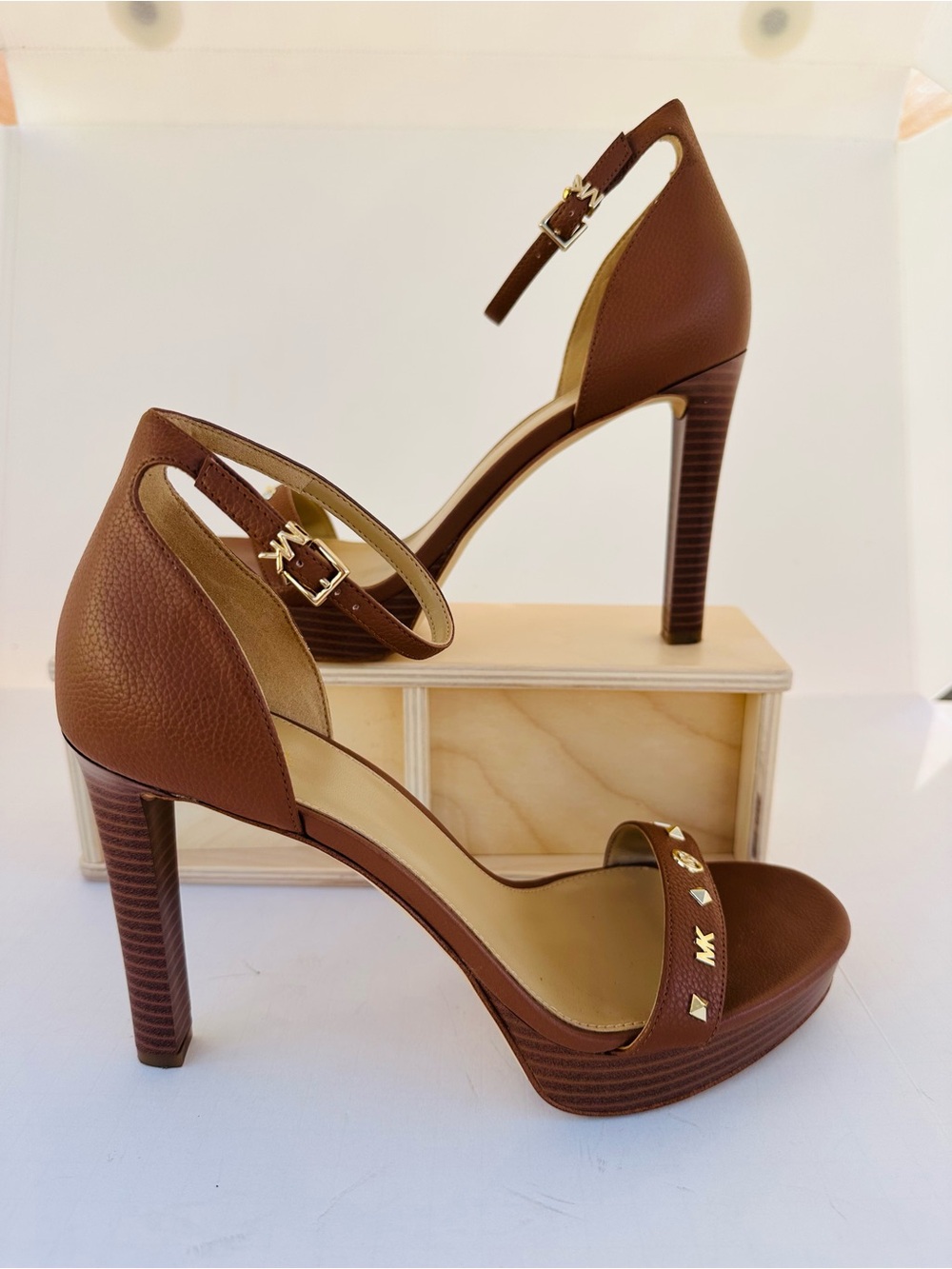 Michael Kors Brown Leather Studded Platform Ankle-Strap Heels
